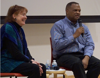 karen thorsen and shawnb salvant speak onstage